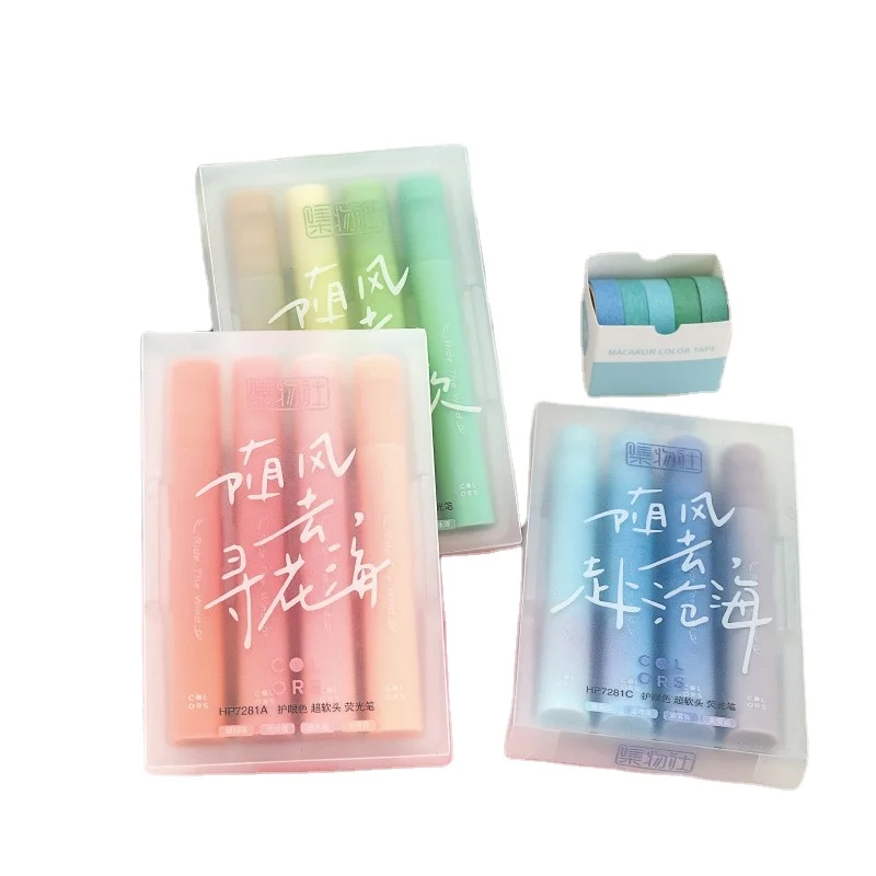 4 Color Macaroon Morandi Highlighter Pen Set with Flat Brush Tip