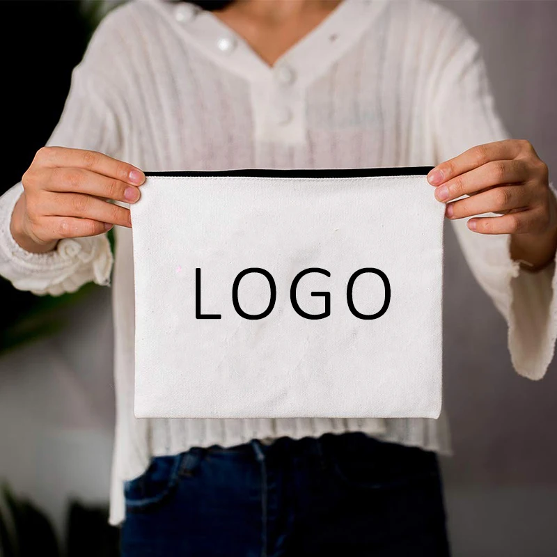 Custom Printed Logo Gift White Cotton Canvas Cosmetic Makeup Bag With Zipper