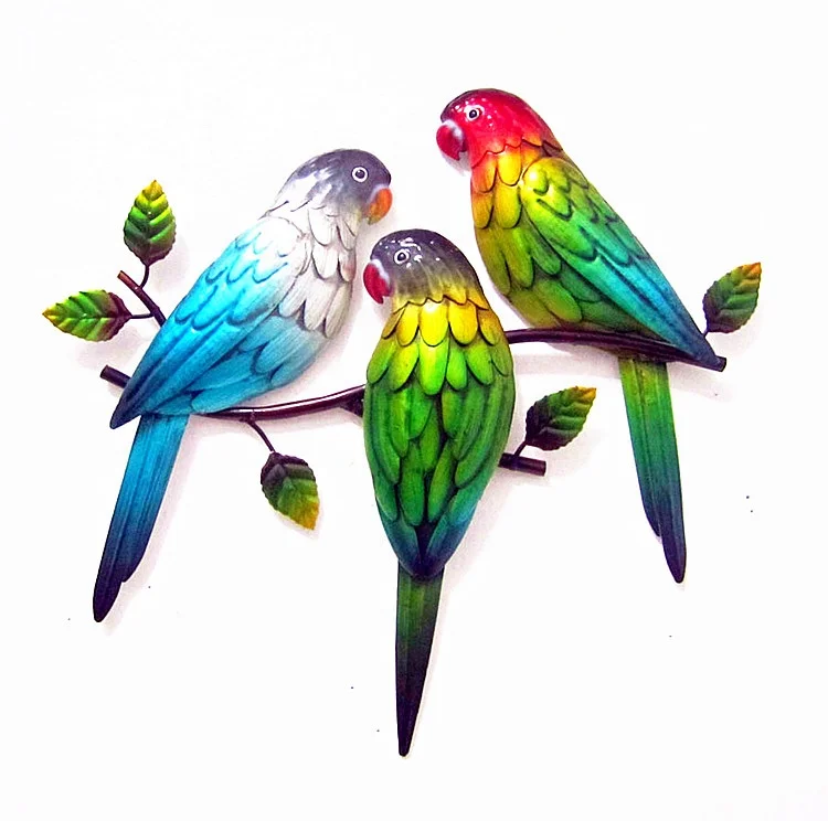 Hanging colorful hand painting parrots metal crafts home wall art