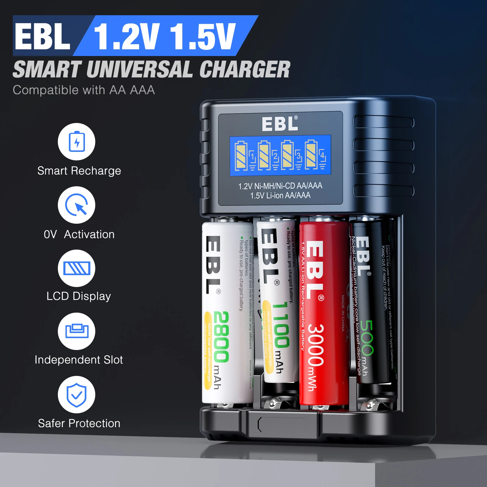 EBL 12-Pack 1100mAh 1.2V AAA Battery + Battery Charger for AA AAA Ni-MH  Ni-CD Rechargeable Batteries 