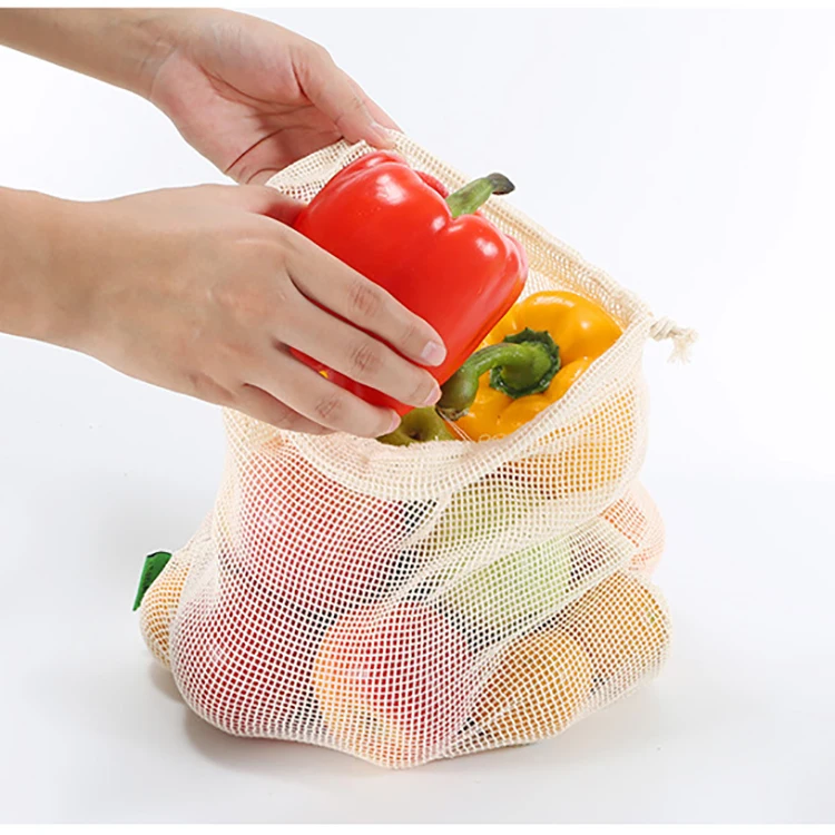 Wholesale Reusable Mesh Drawstring Cotton Mesh Bag Fruits And Vegetable Custom Eco Net Bag