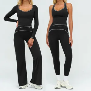 Bnice 7028 Custom Logo Two Piece Yoga Sets Women Yoga Pants Fitness Long Sleeve Top Gym Wear Sets Workout Flare Leggings Sets