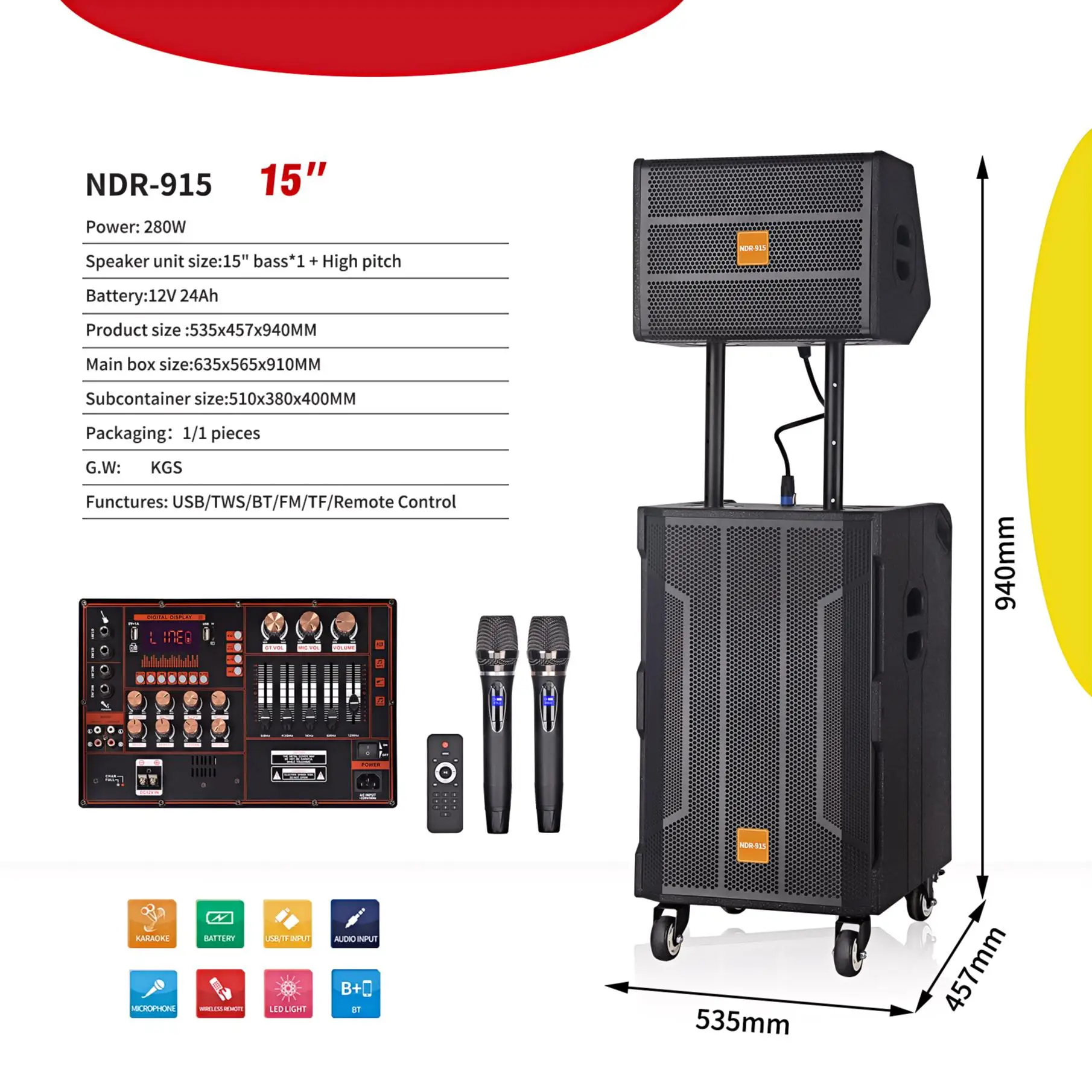NDR-915 280W Professional Audio DJ Sound Box - Outdoor & Karaoke