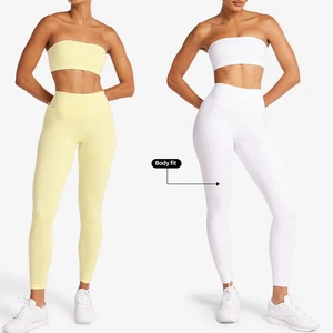 Custom Logo Nylon 2 Pcs Gym Fitness Suit Workout Strapless Sports Bra High Waisted Yoga Leggings Women Yoga Sets