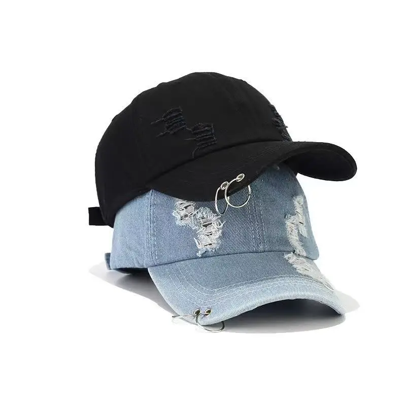 Distressed Washed Denim Ring Baseball Cap Jeans Hip Hop Vintage Dad Hat Adjustable
