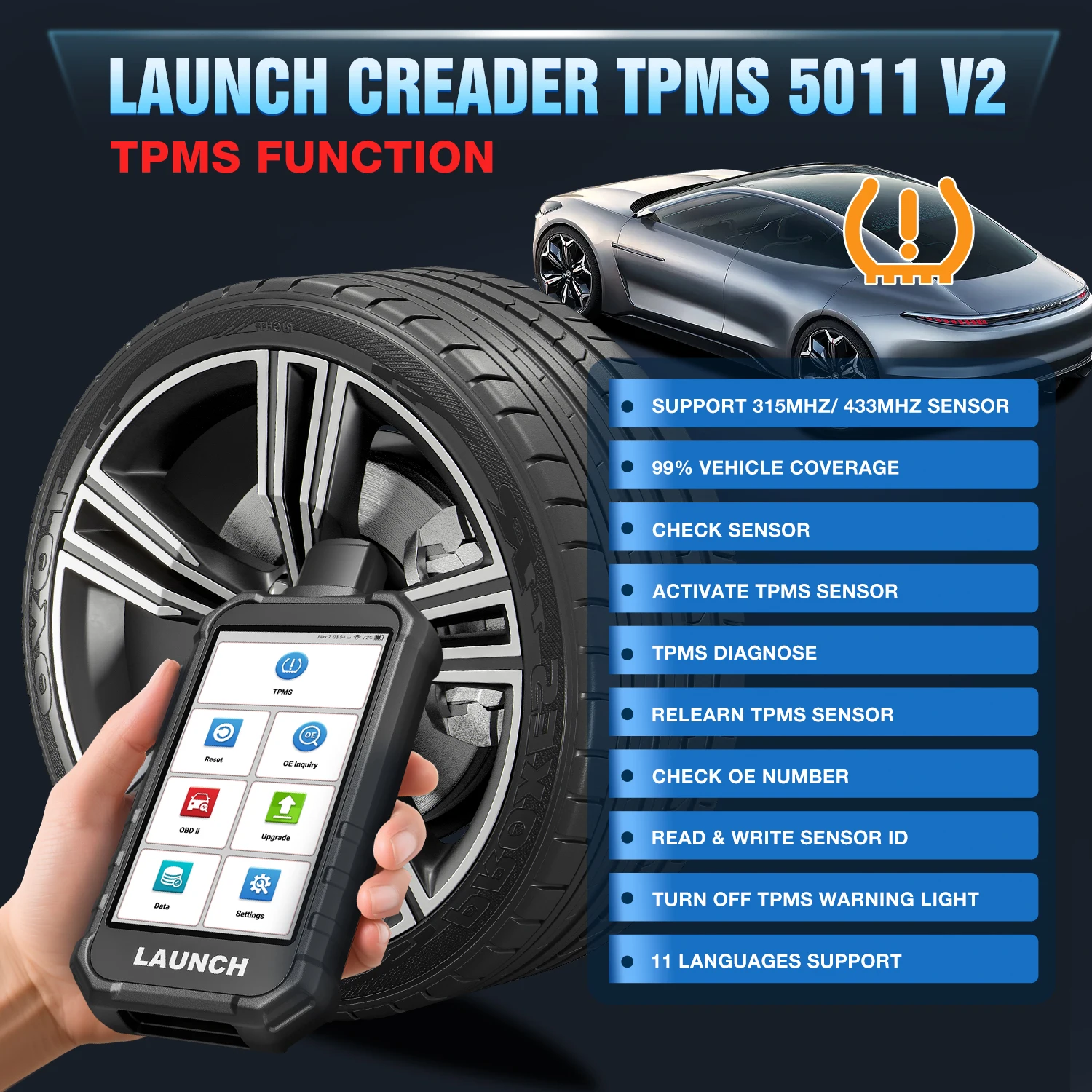 Magazzino USA UE LANCIO Creader TPMS CRT5011 V2 Strumento di scansione per la programmazione del sensore di pressione pneumatici_voghion.com