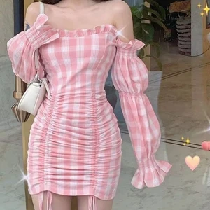 High-quality Summer Hawaiian Plaid Print Off-shoulder Elasticated Dress Custom Breathable Rayon Mini Dress