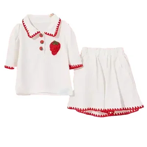 Customizable Lovely Sweet Embroidery Strawberry T-shirt Shorts Suit Breathable Kids Sets for Summer