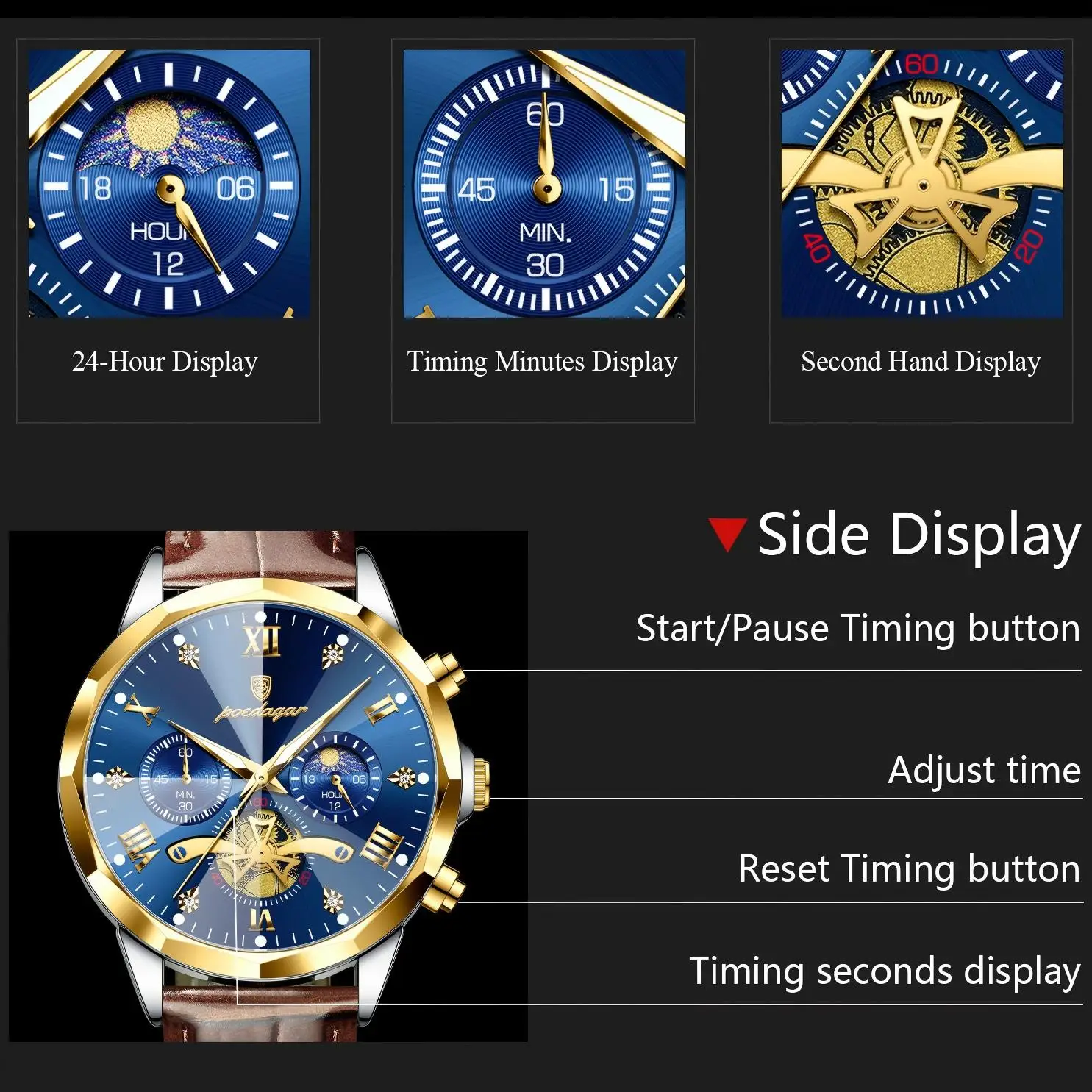 POEDAGAR 938 Multi-Function Waterproof Quartz Watch
