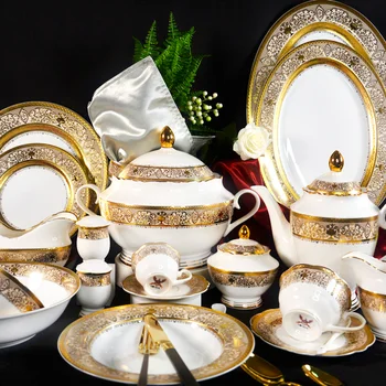 Embossed real gold porcelain luxury royal style welding bone china dinnerware tableware dinner set