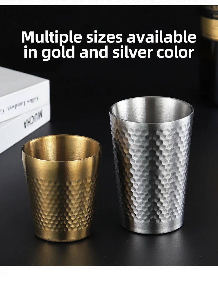 Hammer Pattern Non slip Double Wall Anti Scalding Gold Stainless Steel 304 Party Camping Cola Water Tea Coffee Beer Mug Cup Set