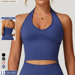 YISHENHON Halter Neck Seamless High Support  Yoga Sports Bra Running Racerback Fitness Tank Top High Intensity Workout Top