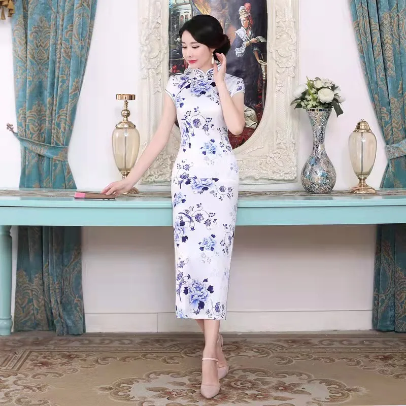 Women Long Cheongsam suede Chinese Traditional Qipao Evening Dress Prom dress