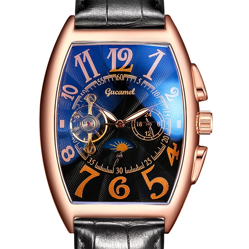 Ultra Large Arabic Number Dial Square Shape 24hours Tourbillon Moon Phase  Automatic Watch Chronograph Male Watch