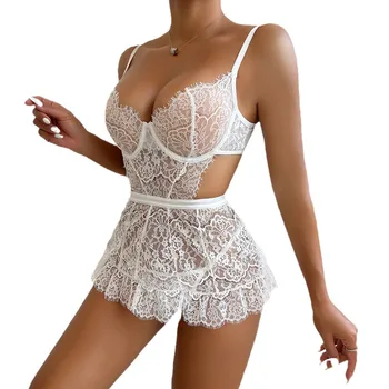American Sexy Lace Suspender Skirt Two-Piece Women's Underwear New See-Through Waist Home Hollow Out Design-Wholesale Supply