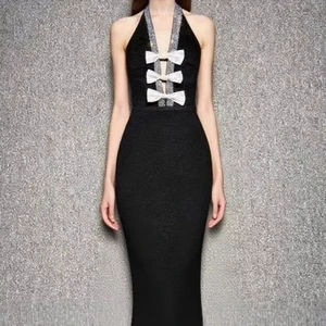 Women Sexy Halter Neck Dress Deep V Embellished Rhinestones Bow Backless Elegant Maxi Dress Slim Fit Lady Evening Dress