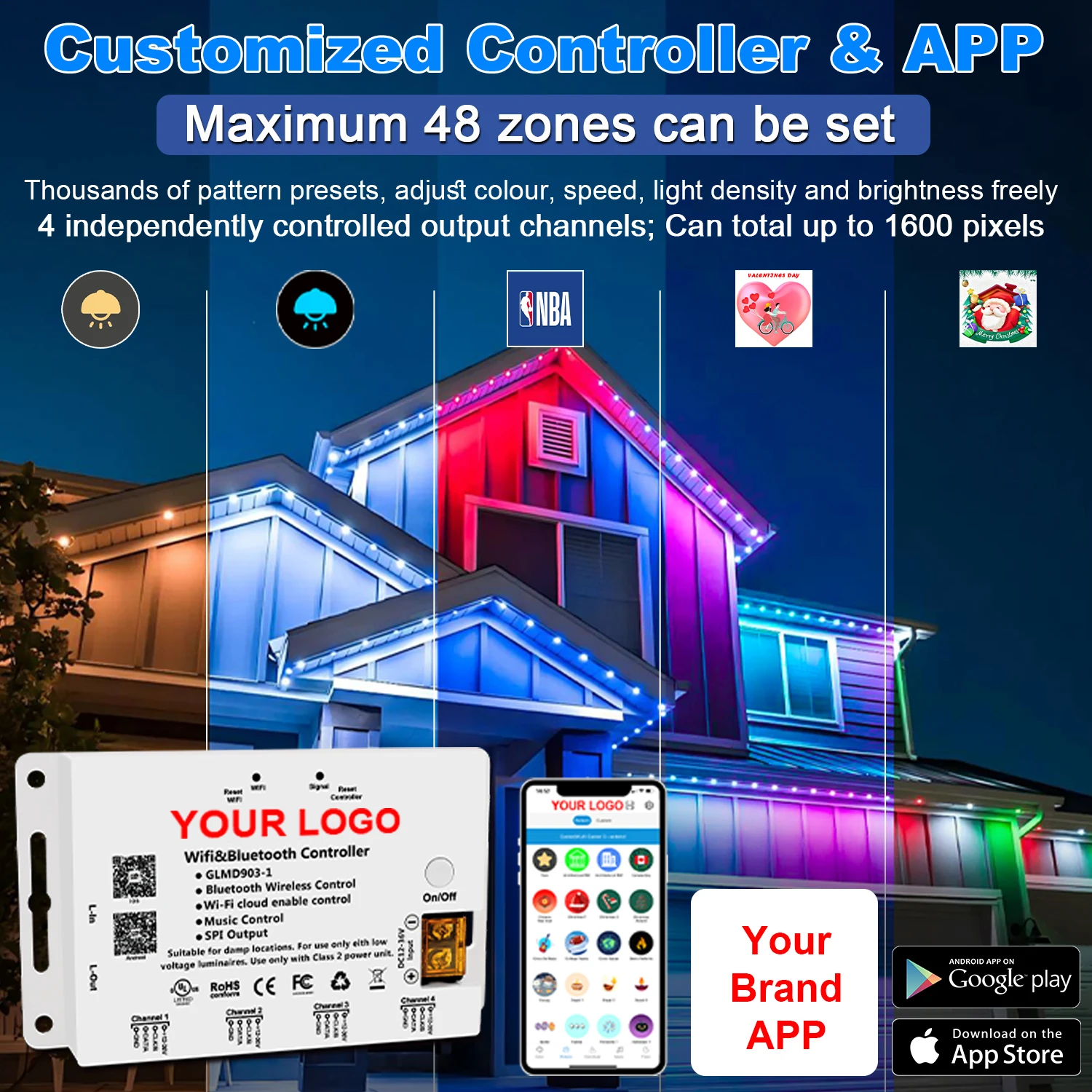 Addressable Pixel Controller Led Smart Wireless Wifi Voice Control Light Dimmer Music Sync 4 Output Pixel Controller