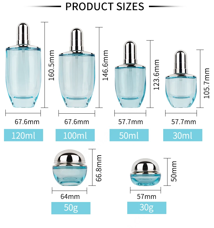 50ml 30ml  luxury clear blue cosmetic face lotion cream glass bottle jar packaging set with pump factory