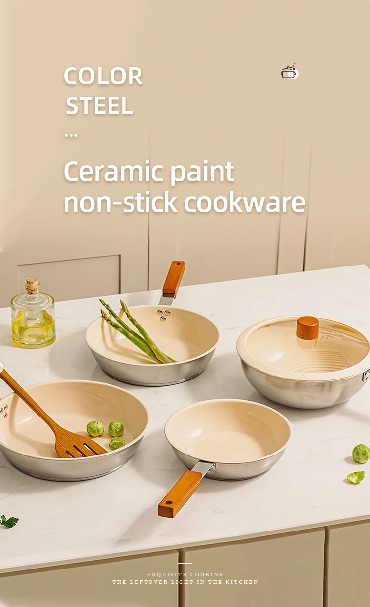 Custom Modern Kitchen Cream Three Layer Bottom Ceramic Glaze Paint Non Stick Stainless Steel 304 Frying Skillet Pan with Lid