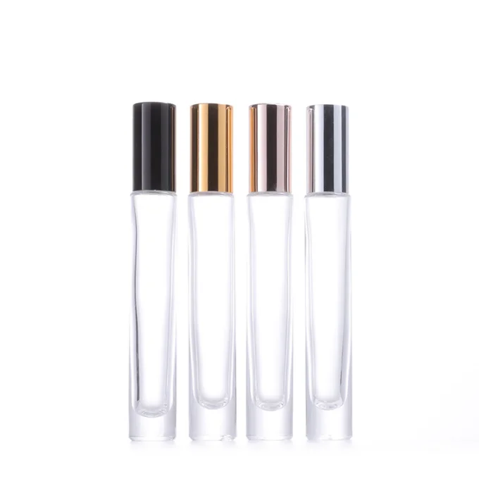 10ml Empty Refill Round Rectangle Gold Silver Black Aluminum Long Cap Perfume Essential Oil Glass Roller Roll on Bottle