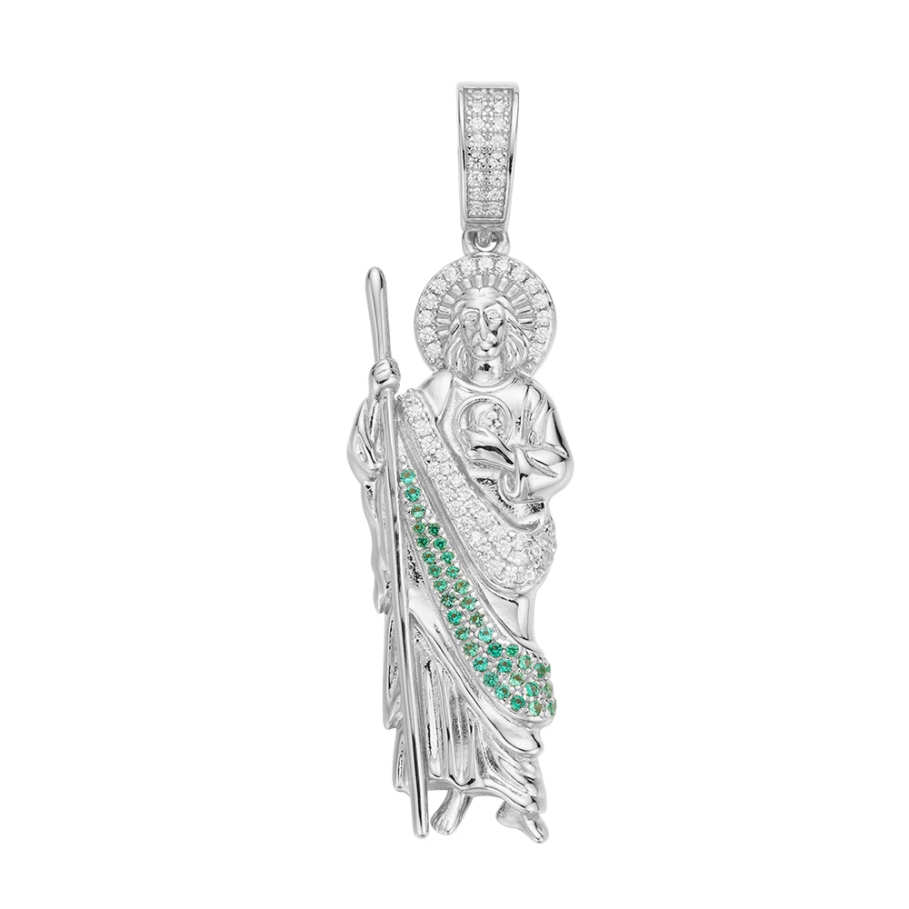 Jewelry Latest Design 14k Two Tones Gold 3d Puffy Saint Jude San Judas Pendant With Green Cz Stone