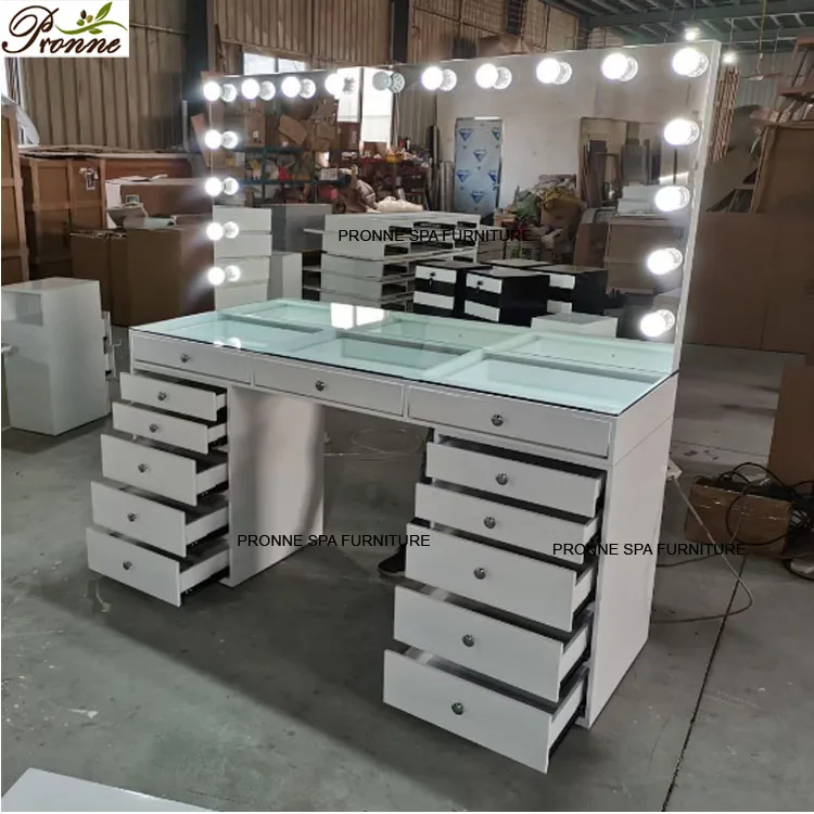 Modern White Vanity Hollywood Style Makeup Table Set With Lighted