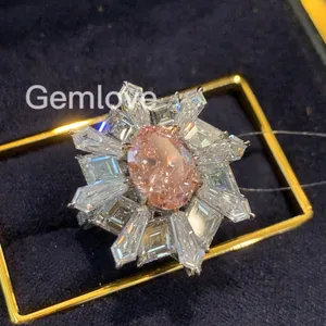 14K/18K Gold 2CT Lab-Grown Diamond Wedding Ring, 5.15CT Radiant Cut Side Stones, 7.748g GIA Certified Sakura Pink Bridal Jewelry