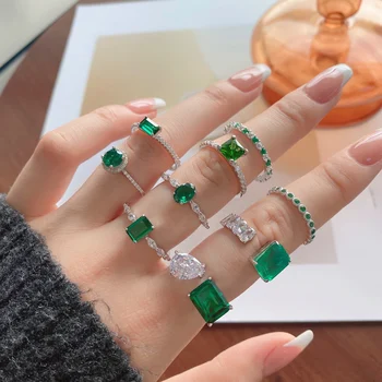 Dylam 8A Cz Cubic Zirconia Square Shape 4 Claws Green Women Jewelry Engagement Wedding Diamond 925 Silver Emerald Cut Rings