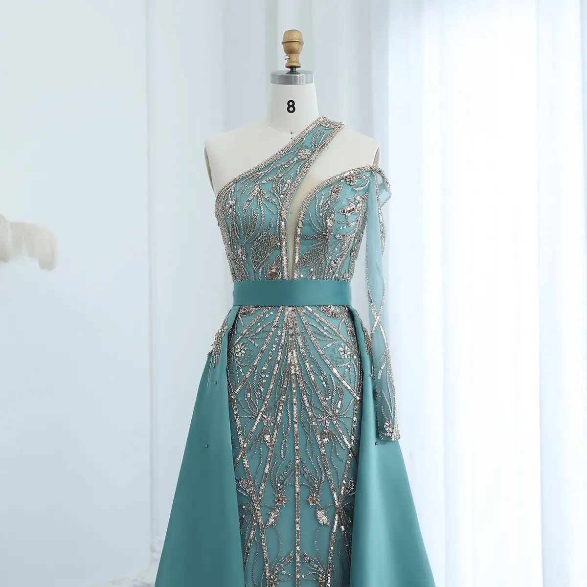 turquoise one shoulder bridesmaid dresses Turquoise Tiered Pleated Tulle One-shoulder Hand-made Bridal Gown
