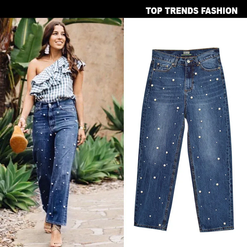 Custom Fashionable Ladies Luxury Streetwear Straight Wide Leg Jeans for Women Pearl Rivets Decoration Pantalones De Mujer