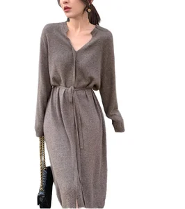 Autumn Winter Vintage Casual Dress for Women Elegant Mid-Length Knitted Bodycon with Long Sleeves Empire Waistline Simple Style