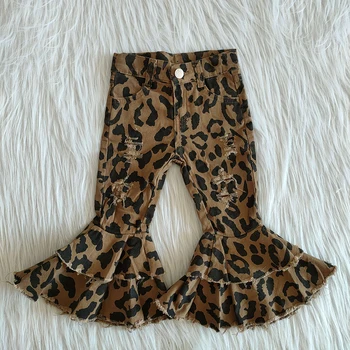 NO MOQ kids clothes wholesale boutique girls fall design fashion leopard print denim bell pants