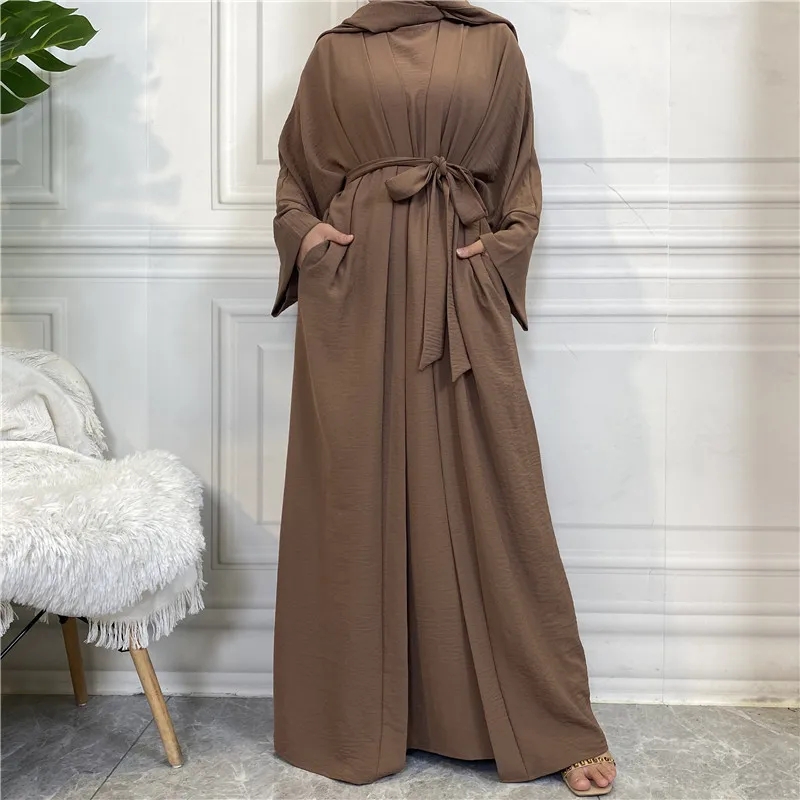 Top Sell Wrinkle Crepe 2pcs Set Wide Sleeve Dubai Abayas With Pockets ...