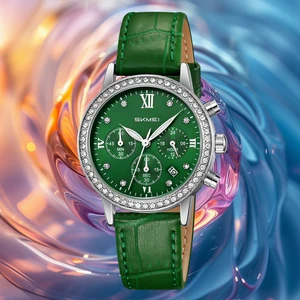 SKMEI Newest Lady Quartz Watch Model 9384 Diamond Case Geniu Leather 6 Needle Women Watch