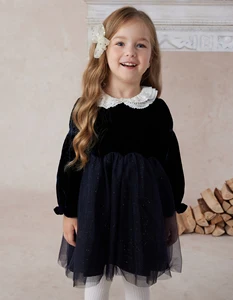 Customized OEM and ODM  Elegant Soft Velvet White Lace  Peter Pan Collar Long Sleeves  Girls Dress Outfit
