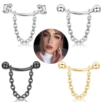YICAI 16G Surgical Steel Curved Barbell Cartilage Tragus Ring With Chain Eyebrow Forward Helix Conch Bridge Snug Earring Stud