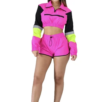 Women OEM Brand Color Block Track Jacket and Short Pants Two Pieces Sets