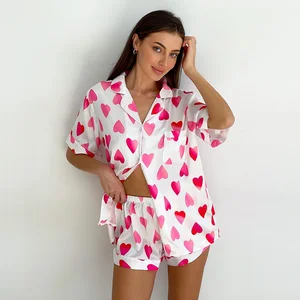 New Product Designer Pajamas Silk Satin Set for Women Short Sleeve Button Shirt Set Sleepwear Soft Breathable Homewear