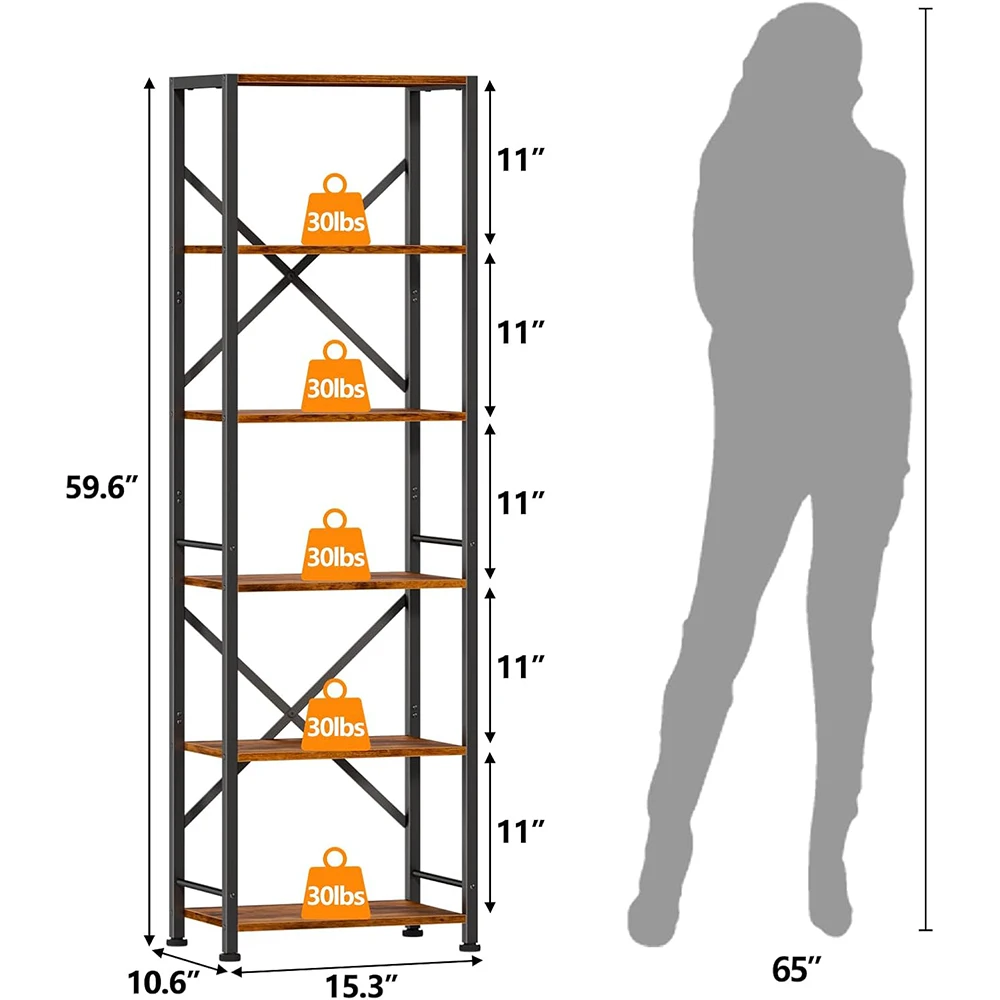 product 6 tier modern tall narrow bookshelf wood metal storage rack back organizer for living room home office entryway kitchen rustic-1