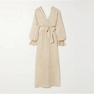 Clothing Manufacturer Custom Spring Autumn v Neck Long Sleeve Tunic Elegant Casual Linen Cotton Women Maxi Dress
