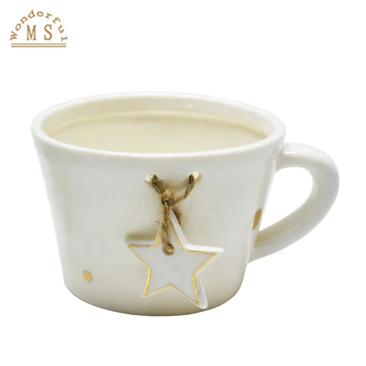 luxury white mugs with golden dot and hanging christmas star decorated for tealight vessel and mini succulent planter