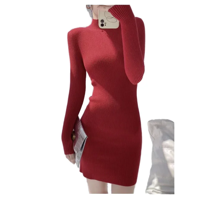 Half high necked knitted dress for women in autumn and winter 2024, slim fit, short sleeved sweater, short skirt