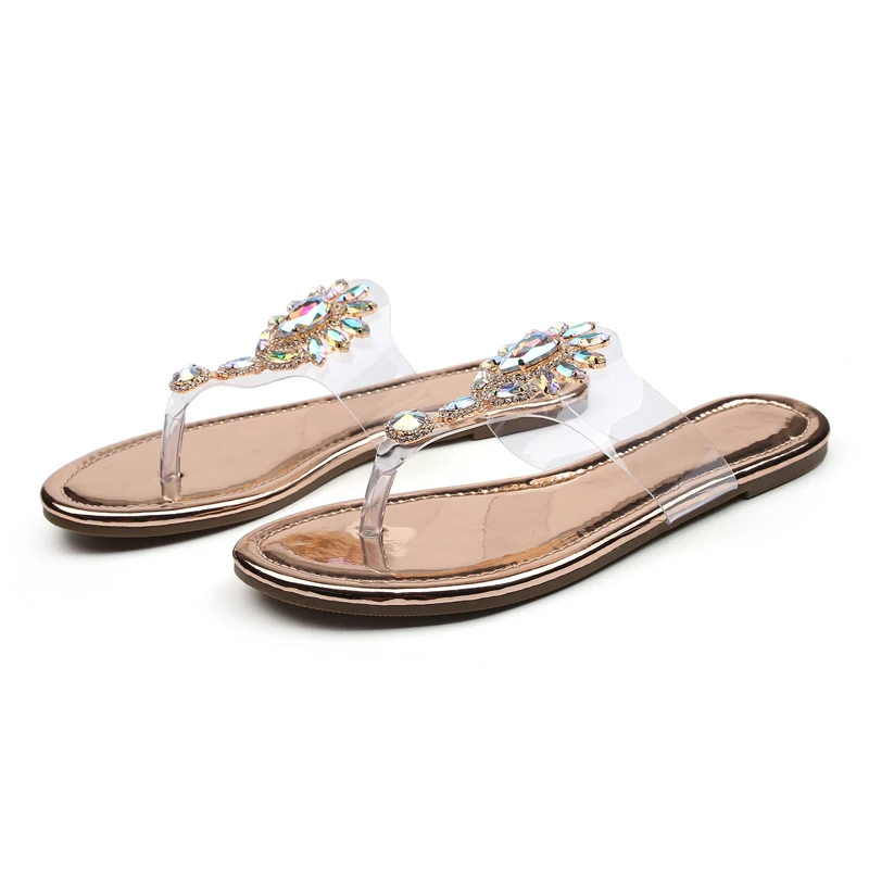 Hot sale summer flip flops with rhinestone glass plastic flat bottom slippers