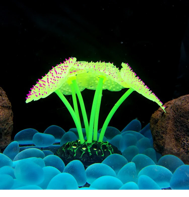 Set of 2 High Simulation Silicone Luminous Sea Anemone Artificial Fish Tank Aquarium Plant Decoration Green 