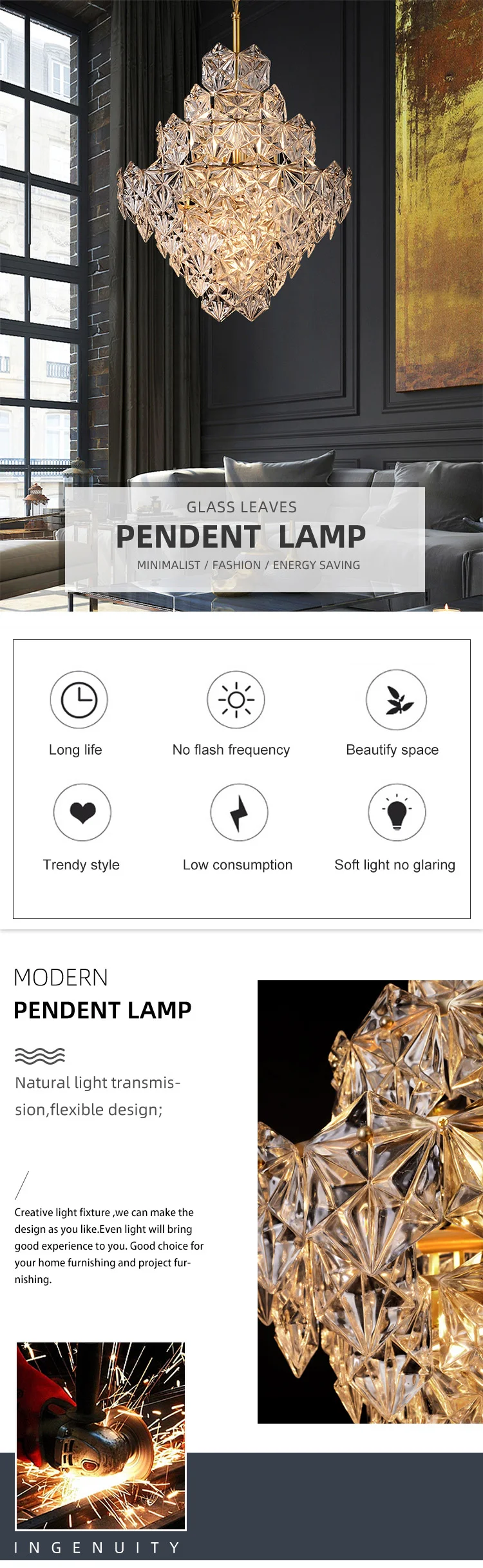 pow8127 hot sale villa home decoration glass chandeliers modern chrome led pendant light-0