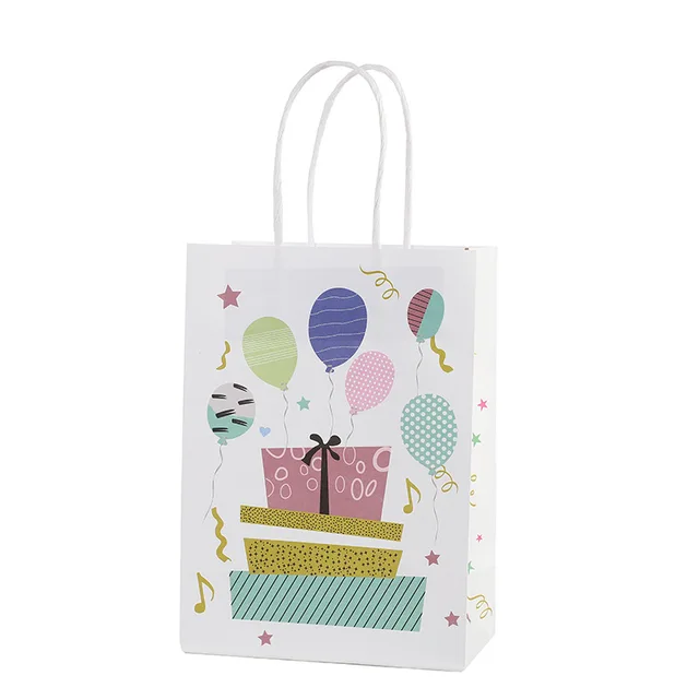 Customized new happy birthday cake kraft handbag creative cartoon balloon shopping white paper bag gift bag packaging