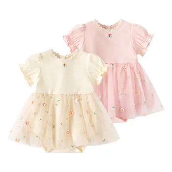 Baby rompers summer clothing new short sleeve mesh floral skirt baby girl one-piece princess dress baby Bloomer with skirt