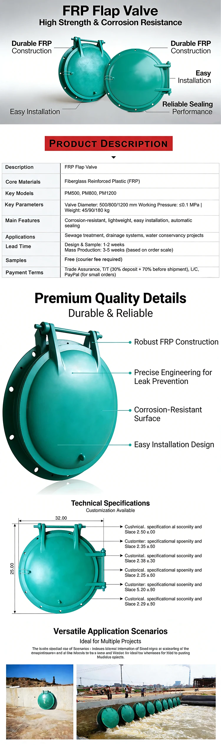 Customized Fiberglass Flap Valve Automatic Backflow Prevention for ...