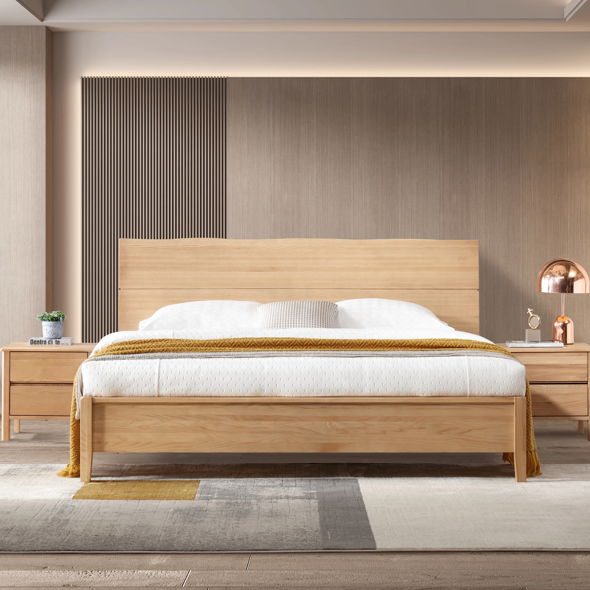 Solid Timber Ash Wood Log Natural Wood Slab Live Edge Headboard Wooden Bed Frame Platform Bed Base for Bedroom Hotels Projects