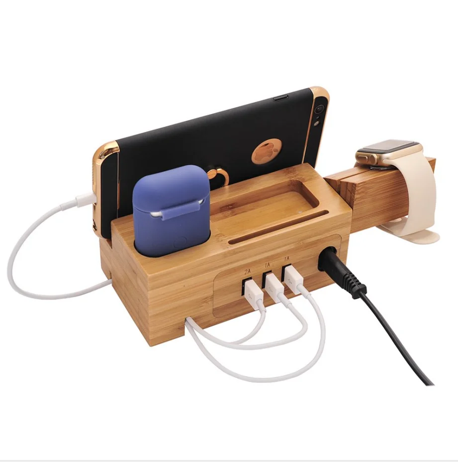 Multifunction Bamboo Wooden 3 Usb Charging Station Desktop Charger Organizer  With Cable Store For Phone Watch Earbuds - Buy Wood Slices Original Laser  Diy Antique China Style Technique Feature Material Decoration,Wood Wooden